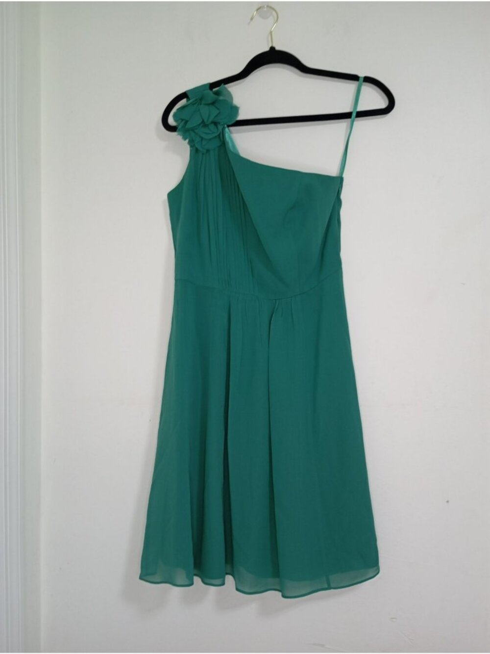 Ann Taylor Midi Dress 100% Silk Green One-Shoulder Floral Detail Lining Size 6P